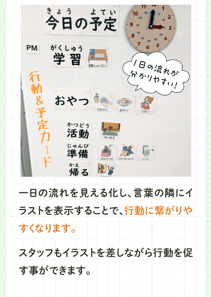 一日の流れを見える化し、言葉の隣にイラストを表示することで、行動に繋がりやすくなります。 