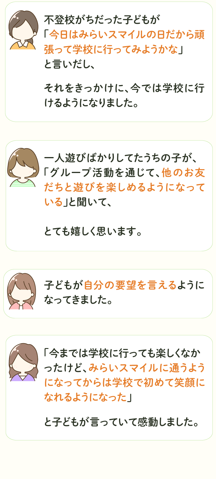 不登校がちだった子どもが「今日はみらいスマイルの日だから頑張って学校に行ってみようかな」と言いだし、
                                                                                                                    それをきっかけに、今では学校に行けるようになりました。