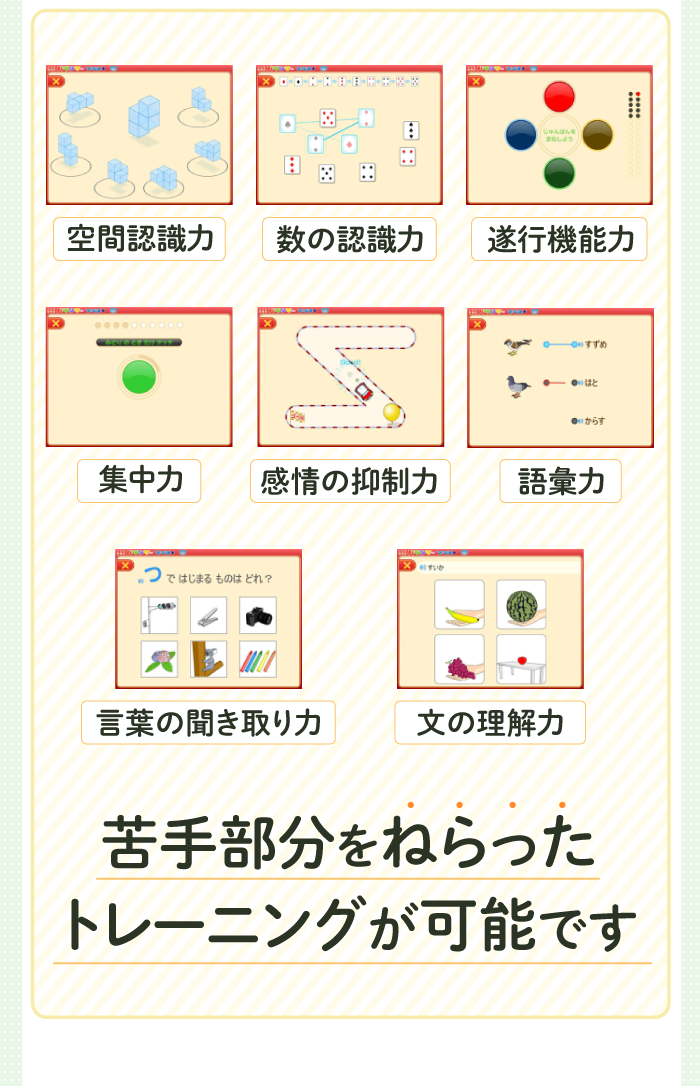 空間認識力、数の認識力、遂行機能力、集中力、感情の抑制力、語彙力、言葉の聞き取り力、文の理解力